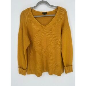 a.n.a A New Approach Mustard Yellow V-Neck Geometric Knit Sweater Size L Earthy